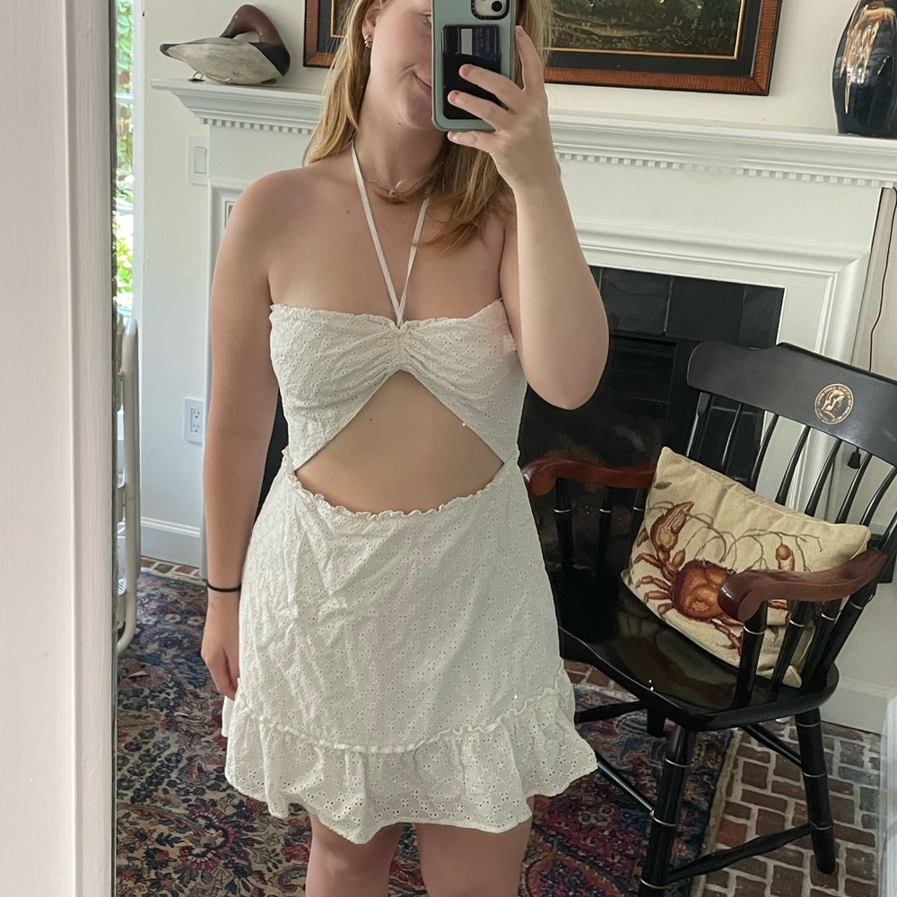 Overs and friends strapless white halter mini dress with cutout